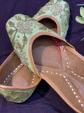 Handcrafted Gold Embroidered Pastel Green Juttis | Luxury Ethnic & Bridal Footwear