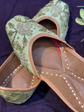 Handcrafted Gold Embroidered Pastel Green Juttis | Luxury Ethnic & Bridal Footwear