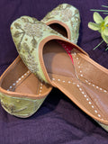 Handcrafted Gold Embroidered Pastel Green Juttis | Luxury Ethnic & Bridal Footwear