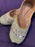 Golden Mirror Work Punjabi Jutti - Handcrafted Ethnic Footwear with Beads & Embellishments