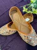 Peach & Mirror Work Punjabi Jutti – Handcrafted Ethnic Footwear with Beaded Detailing & Reflective Embellishments