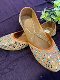 Peach & Mirror Work Punjabi Jutti – Handcrafted Ethnic Footwear with Beaded Detailing & Reflective Embellishments