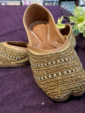 Golden Beaded Punjabi Jutti – Handcrafted Ethnic Footwear with Pearl & Sequins Embellishments for Weddings & Festive Wear