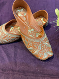 Tan & Gold Embroidered Punjabi Jutti – Handcrafted Ethnic Footwear with Zari Floral Detailing for Weddings & Festive Wear