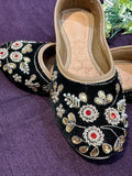 Black Velvet Punjabi Jutti – Handcrafted Ethnic Footwear with Gold & Red Embroidery, Kundan & Beaded Detailing