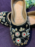 Black Velvet Punjabi Jutti – Handcrafted Ethnic Footwear with Gold & Red Embroidery, Kundan & Beaded Detailing