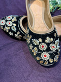 Black Velvet Punjabi Jutti – Handcrafted Ethnic Footwear with Gold & Red Embroidery, Kundan & Beaded Detailing