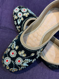 Black Velvet Punjabi Jutti – Handcrafted Ethnic Footwear with Gold & Red Embroidery, Kundan & Beaded Detailing