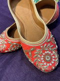 Red & Gold Embroidered Punjabi Jutti – Handcrafted Ethnic Footwear with Kundan, Beads & Zari Detailing for Weddings & Festive Wear