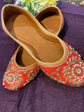 Red & Gold Embroidered Punjabi Jutti – Handcrafted Ethnic Footwear with Kundan, Beads & Zari Detailing for Weddings & Festive Wear