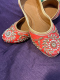 Red & Gold Embroidered Punjabi Jutti – Handcrafted Ethnic Footwear with Kundan, Beads & Zari Detailing for Weddings & Festive Wear