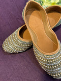 Green & Gold Beaded Punjabi Jutti – Handcrafted Ethnic Footwear with Pearl & Mirror Embellishments for Weddings & Festive Wear