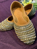 Green & Gold Beaded Punjabi Jutti – Handcrafted Ethnic Footwear with Pearl & Mirror Embellishments for Weddings & Festive Wear