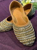 Green & Gold Beaded Punjabi Jutti – Handcrafted Ethnic Footwear with Pearl & Mirror Embellishments for Weddings & Festive Wear