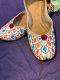 Peacock Feather Embroidered Punjabi Jutti – Handcrafted Ethnic Footwear with Multicolor Threadwork & Pom-Pom Detailing