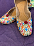 Peacock Feather Embroidered Punjabi Jutti – Handcrafted Ethnic Footwear with Multicolor Threadwork & Pom-Pom Detailing