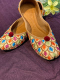 Peacock Feather Embroidered Punjabi Jutti – Handcrafted Ethnic Footwear with Multicolor Threadwork & Pom-Pom Detailing