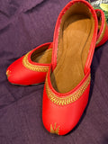 Red & Gold Embroidered Punjabi Jutti – Handcrafted Ethnic Footwear with Elegant Zari Detailing for Weddings & Festive Wear