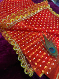 78x43 Inch Mata Ki Chunri – Red & Gold Bandhani Dupatta for Pooja, Mandir, and Navratri Rituals