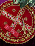 Exquisite Wedding Ribbon Cutting Thali – Handcrafted Velvet Ceremony Platter with Golden Embellishments Design 3