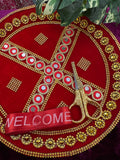 Exquisite Wedding Ribbon Cutting Thali – Handcrafted Velvet Ceremony Platter with Golden Embellishments Design 3