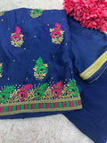 Navy Blue Embroidered Unstitched Suit Material – Elegant Upada Silk Fabric for Custom Stitching-521