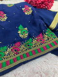 Navy Blue Embroidered Unstitched Suit Material – Elegant Upada Silk Fabric for Custom Stitching-521