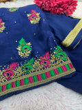 Navy Blue Embroidered Unstitched Suit Material – Elegant Upada Silk Fabric for Custom Stitching-521