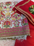 Elegant Red & White Embroidered Unstitched Suit Material – Festive & Wedding Wear- 523